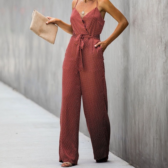 Vici Pants - Rust Polka Dot Satin Jumpsuit